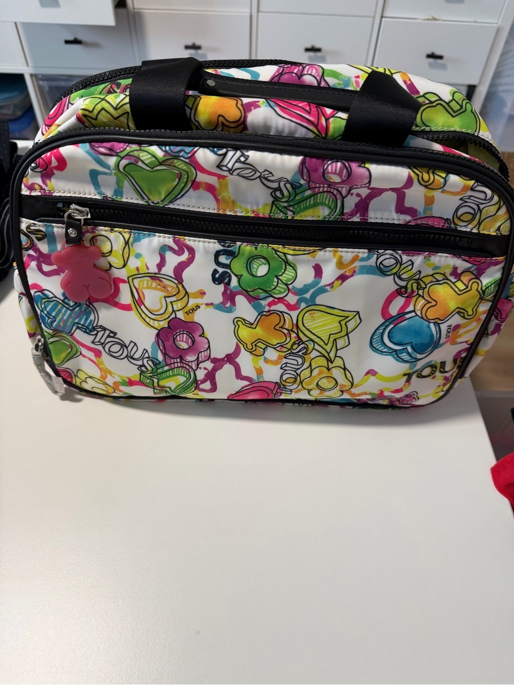 Tous Multicolor Heart & Bear Print Diaper Bag with Black Trim New